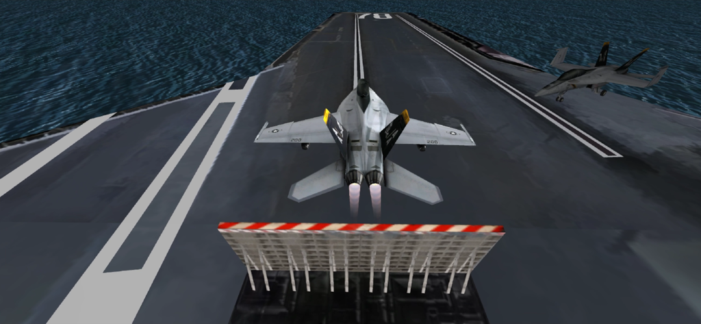 Um caça se preparando para decolar do convés de um porta-aviões em um jogo de simulador de voo