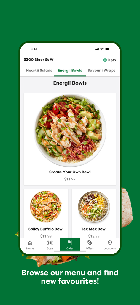 Freshii - A screenshot of the Freshii mobile app showing a variety of healthy Energi Bowls for order and pickup