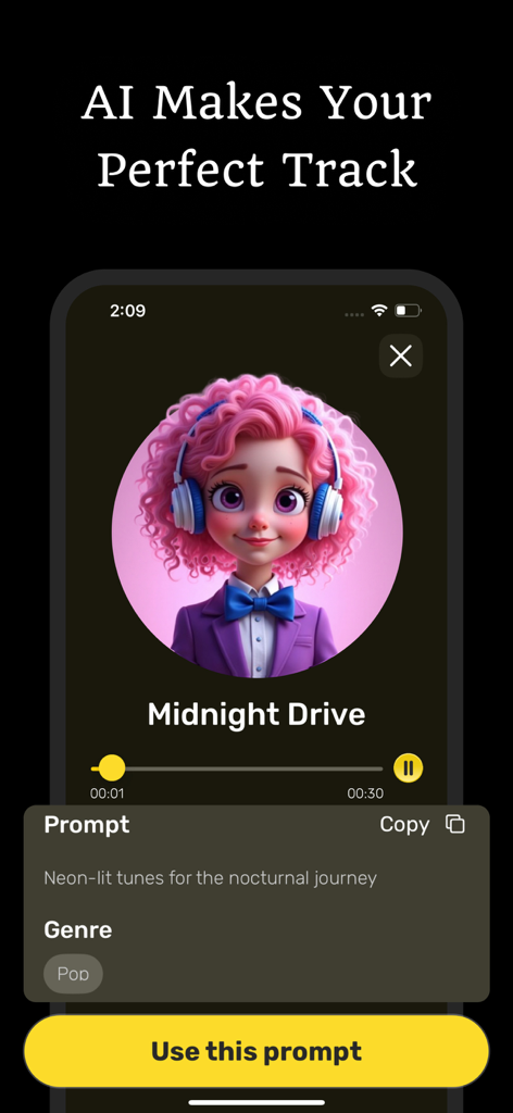 AI Music Cover & Songs - Mobile app interface showing an AI-generated song called Midnight Drive with a text-to-music prompt and a stylized character avatar.