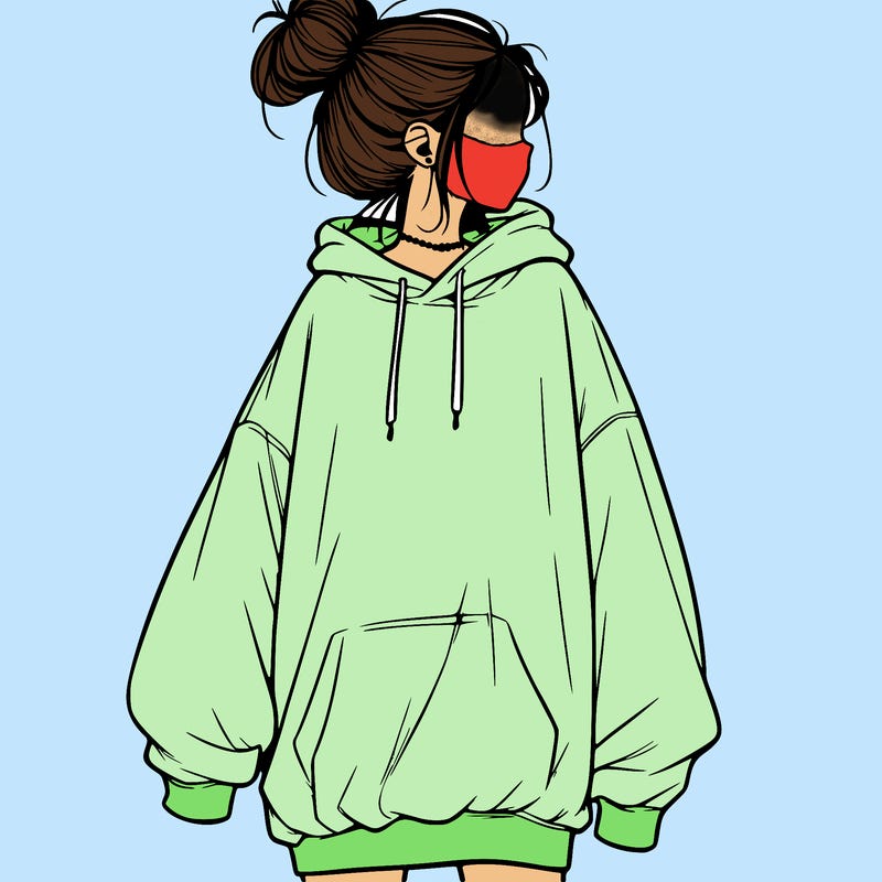 realistic girl with a oversized sweatshirt on and a bun