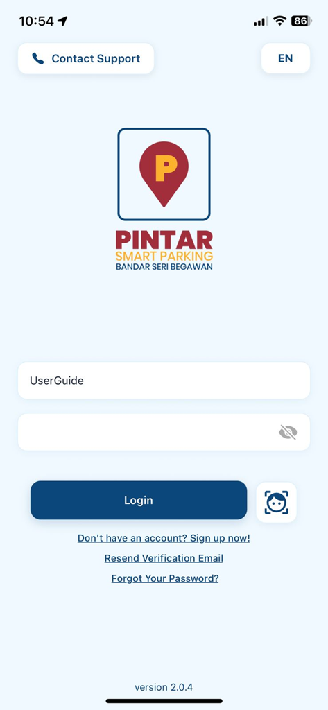 PINTAR Smart Parking App - Login screen for the PINTAR Smart Parking app with sign in and registration options