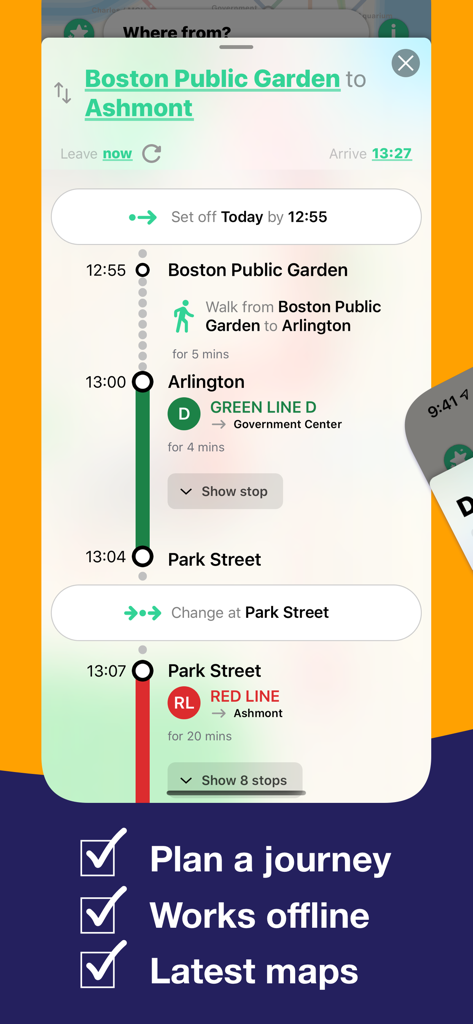 Boston T Subway Map & Routing - Screenshot of the Boston T Subway app showing a detailed journey plan from Boston Public Garden to Ashmont including transfers on the Green and Red lines.