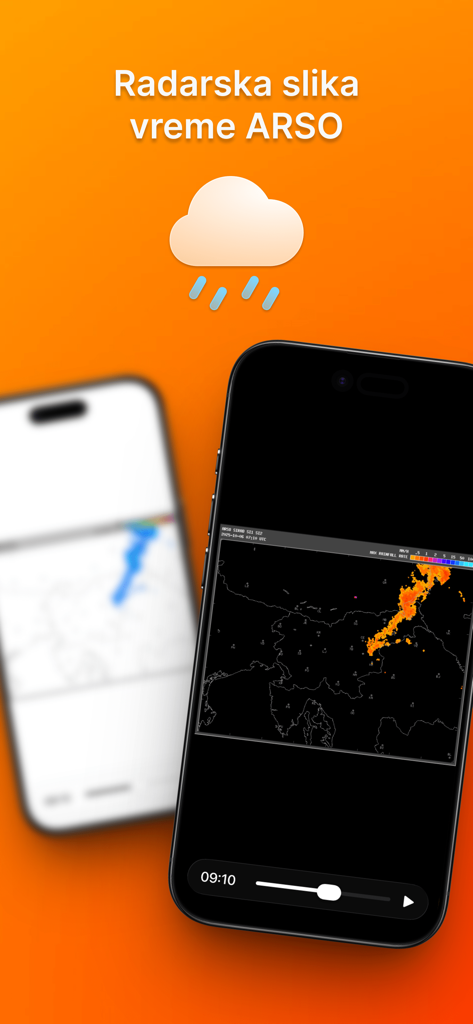 Vreme Radar | Weather Meteo - Teléfono inteligente mostrando un mapa de radar meteorológico en vivo con datos de precipitación de la aplicación Vreme Radar