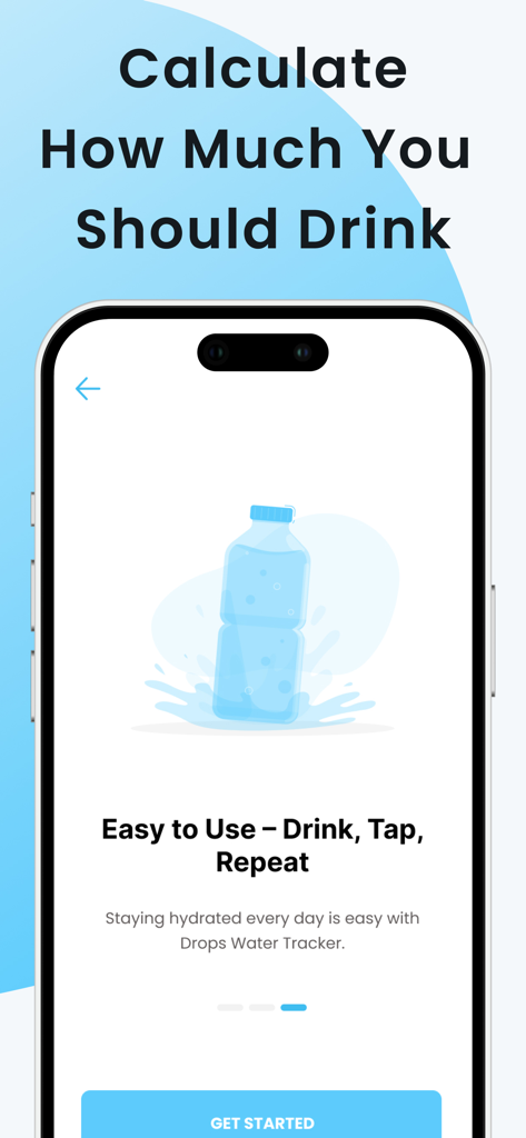 Water Tracker ・ Drink Reminder - Pantalla de incorporación de la aplicación Rastreador de Agua de Drops que muestra una ilustración de una botella de agua y un botón de empezar.