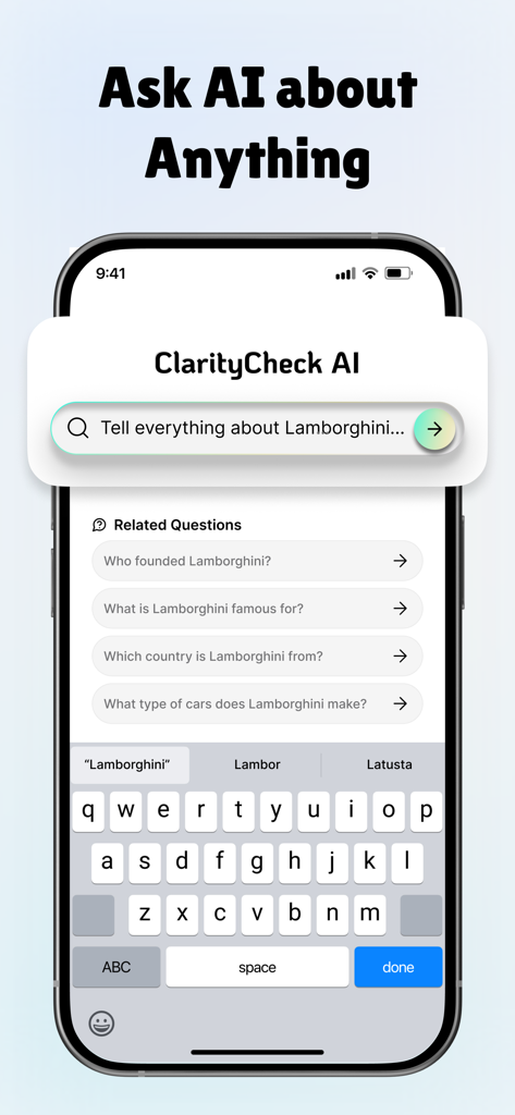 ClarityCheck - Deep Search AI - ClarityCheck AI mobile app screen showing AI search and related questions