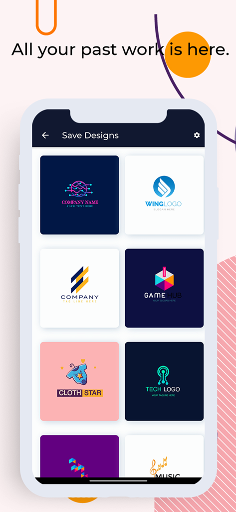 Logo Creator - Logo Maker - Una galería de diseños de logos guardados dentro de la aplicación que muestra varias plantillas de marcas de negocios y gaming