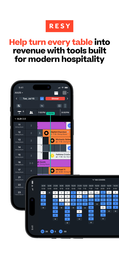 ResyOS mobile Benutzeroberfläche für Restaurant-Tischmanagement und Gästereservierungsverfolgung