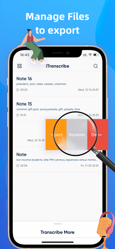 iTranscribe - Audio to Text - Mobile interface of iTranscribe showing note management options including export rename and delete