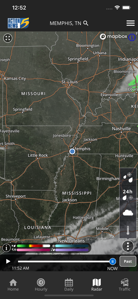 High-resolution weather radar map for Memphis and the Mid-South region showing real-time conditions on the WMC5 app.