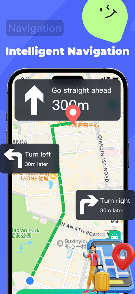 Smartphone screen showing the iMoveGo app with a map route and turn by turn navigation instructions