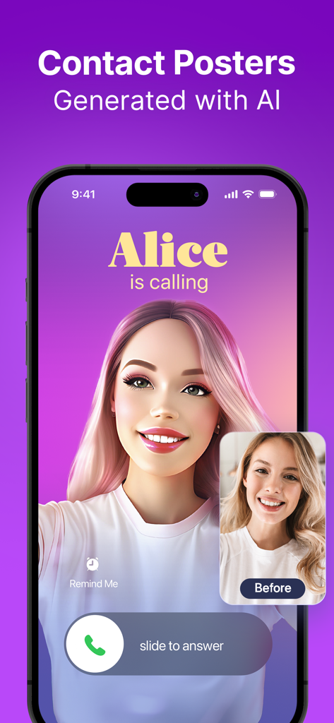 An iPhone displaying an AI-generated artistic contact poster for an incoming call from Alice.