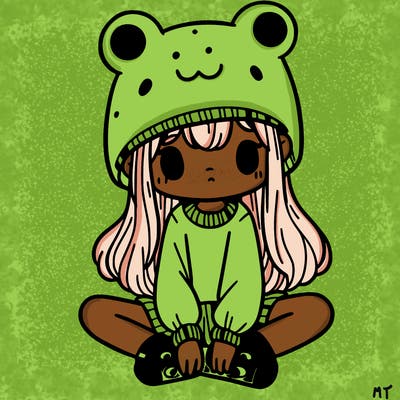 a girl wearing a frog hat and some frog socks
