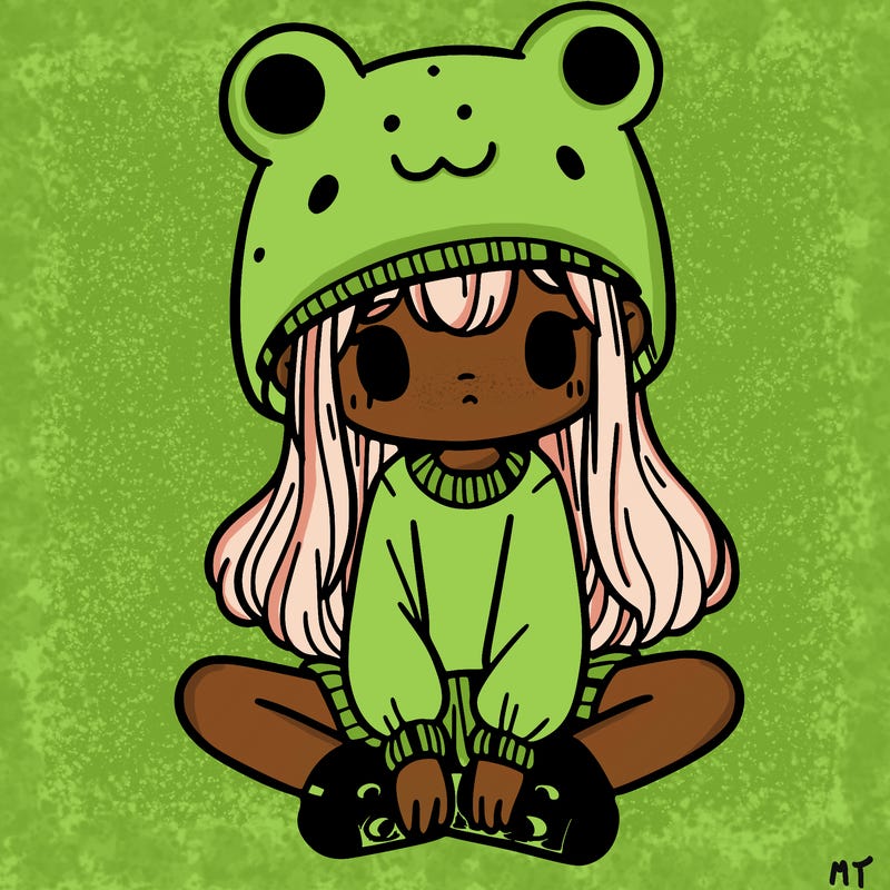 a girl wearing a frog hat and some frog socks