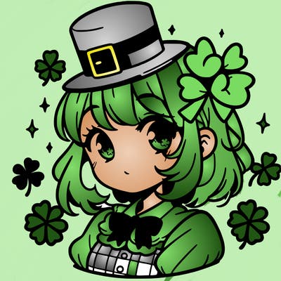 a manga-style girl with clovers around her, a little hat in her hair, like it's saint patrick's day