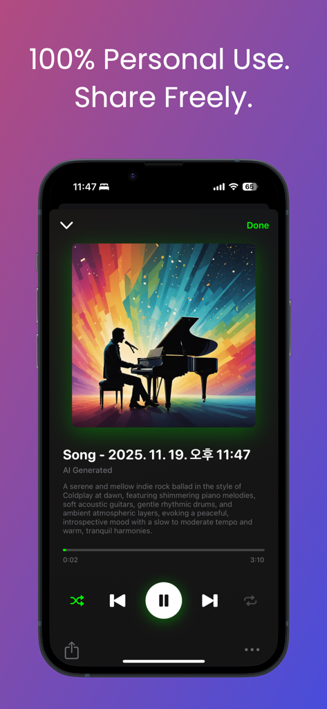 HumToSong mobile app interface showing a music player for an AI-generated indie rock ballad with colorful piano artwork.