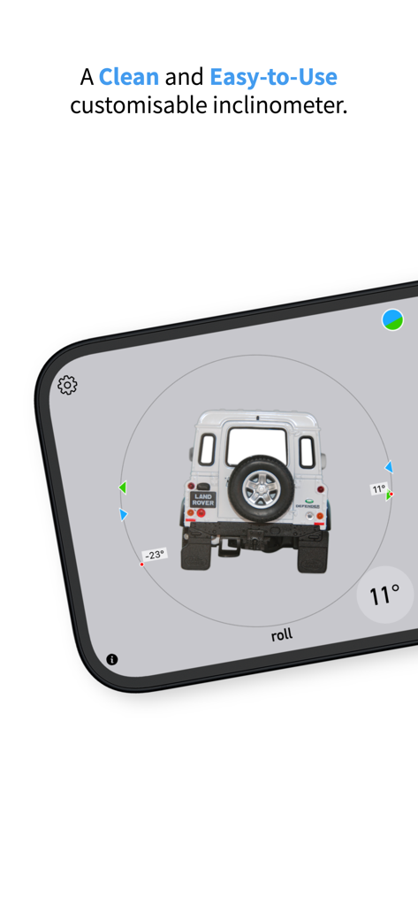 3pLevel - Inclinometer - Interfaz de la aplicación de inclinómetro off-road que muestra el ángulo de balanceo de un Land Rover Defender