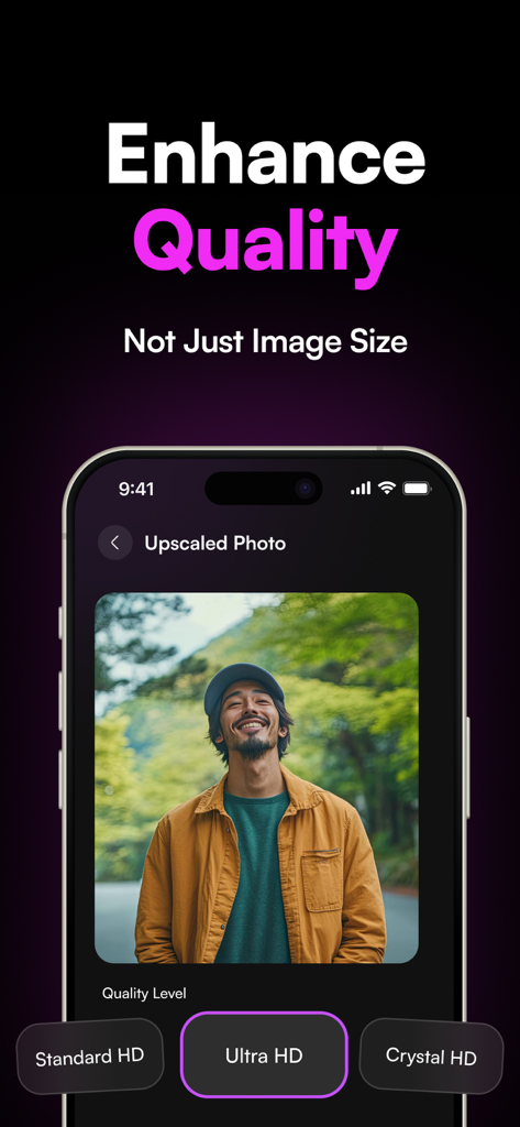 Smartphone screen displaying the AI Upscale Image app with an enhanced photo of a man and options for Standard Ultra and Crystal HD levels