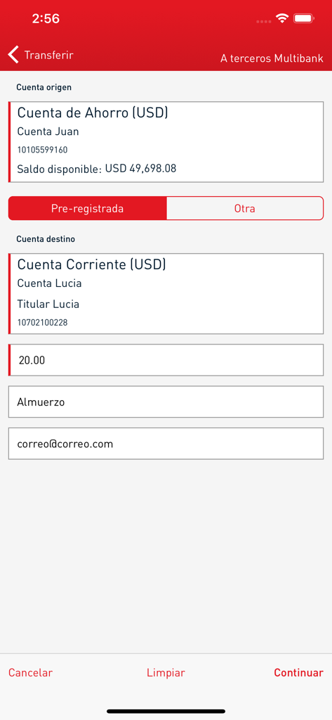 Interface of the Multibank app showing a fund transfer process between USD accounts