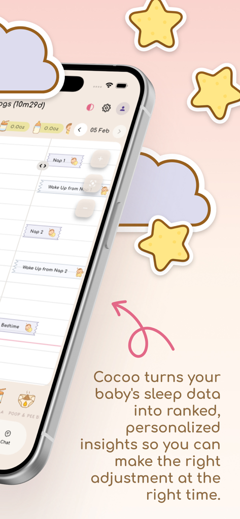 Cocoo: AI Baby Sleep Debugger - Cocoo app interface displaying a daily baby sleep log with personalized nap and bedtime insights.