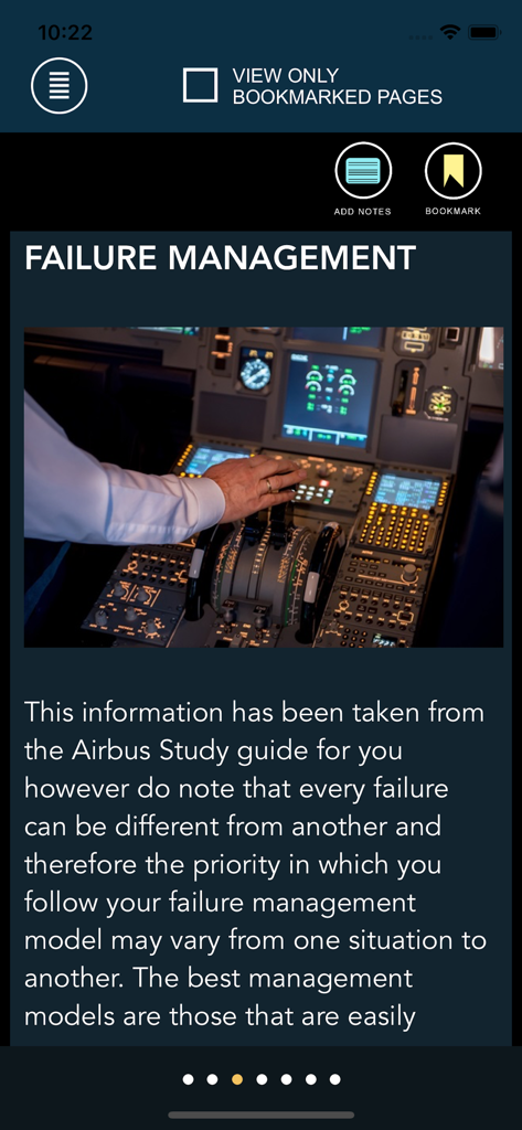 Failure management section in the Airbus A320 Command Prep mobile app showing cockpit controls.