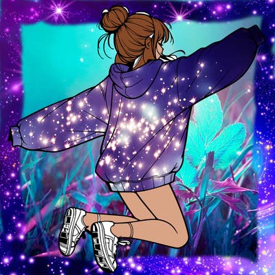 realistic girl jumping with a bun and oversized sweatshirt