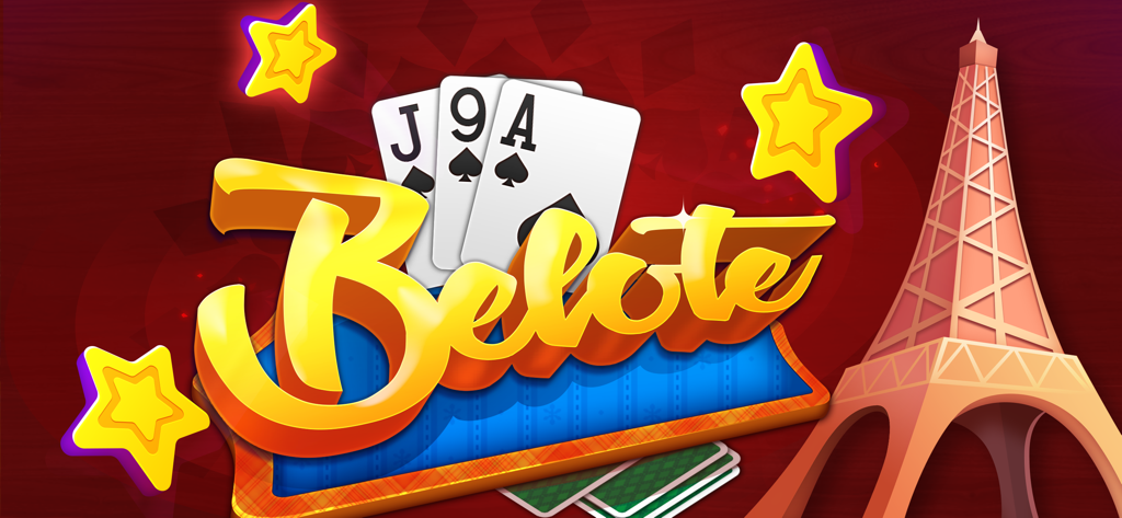 Belote: Trick-taking Card Game - Tela de título do jogo de cartas Belote com a Torre Eiffel e cartas de baralho