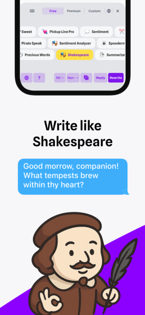 CharacterKey - AI Keyboard - Interfaz del Teclado de IA CharacterKey mostrando el personaje de Shakespeare escribiendo un mensaje poético en una burbuja de chat