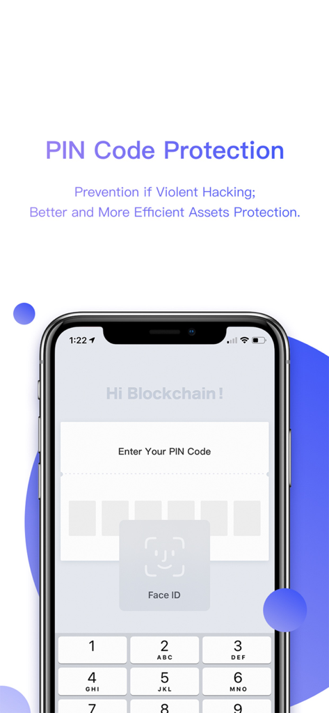 Bitpie crypto wallet security interface showing PIN code entry and Face ID authentication