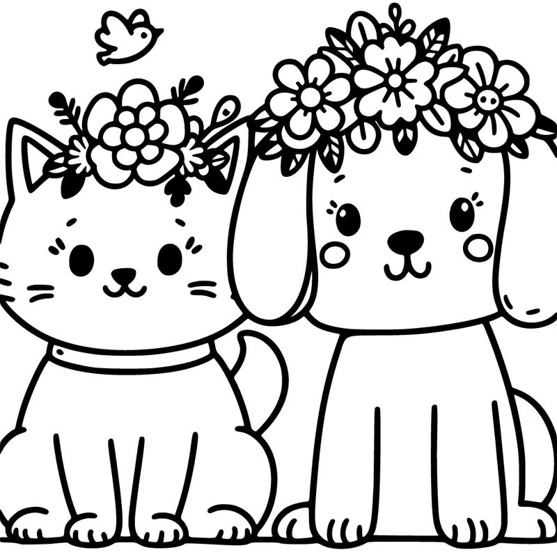 a cat and a dog with a flower crown