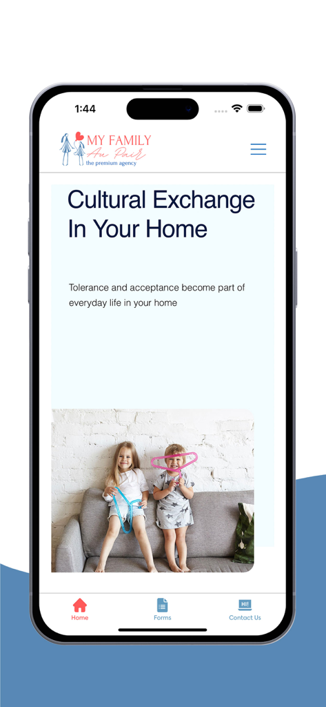 My Family Au Pair app home screen featuring a cultural exchange message and a photo of two children sitting on a sofa