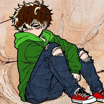 a male hoddie ripped jeans messy hair anime