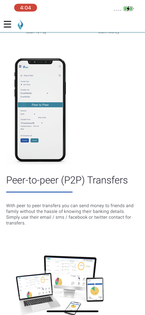 GBTI GO Banking app peer to peer transfer interface and digital dashboard
