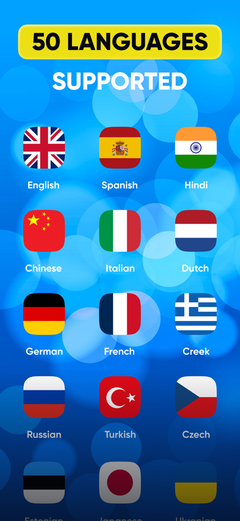 Un écran montrant que 50 langues sont prises en charge pour les légendes avec divers icônes de drapeaux nationaux