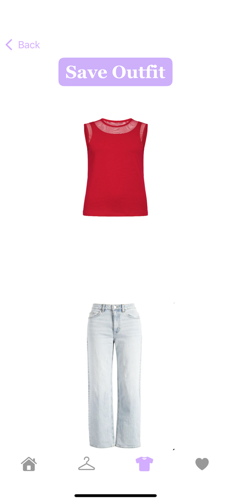 DigitalDresser - A screen in the DigitalDresser app showing a red sleeveless top paired with light blue jeans and a Save Outfit button