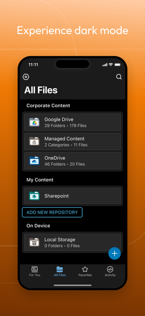Interfaz de la aplicación Workspace ONE Content en modo oscuro que muestra varios repositorios de archivos.