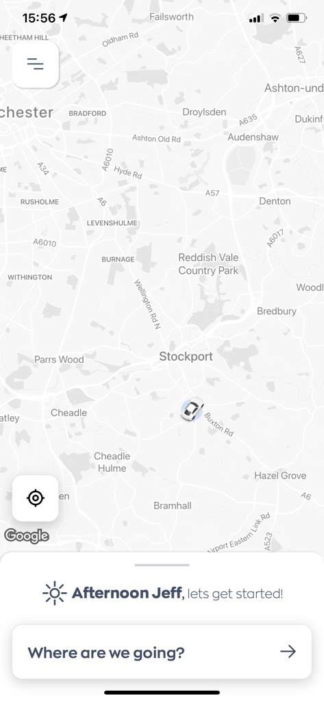 All The Fours - Map view of the All The Fours taxi app showing a vehicle location and a destination entry box.