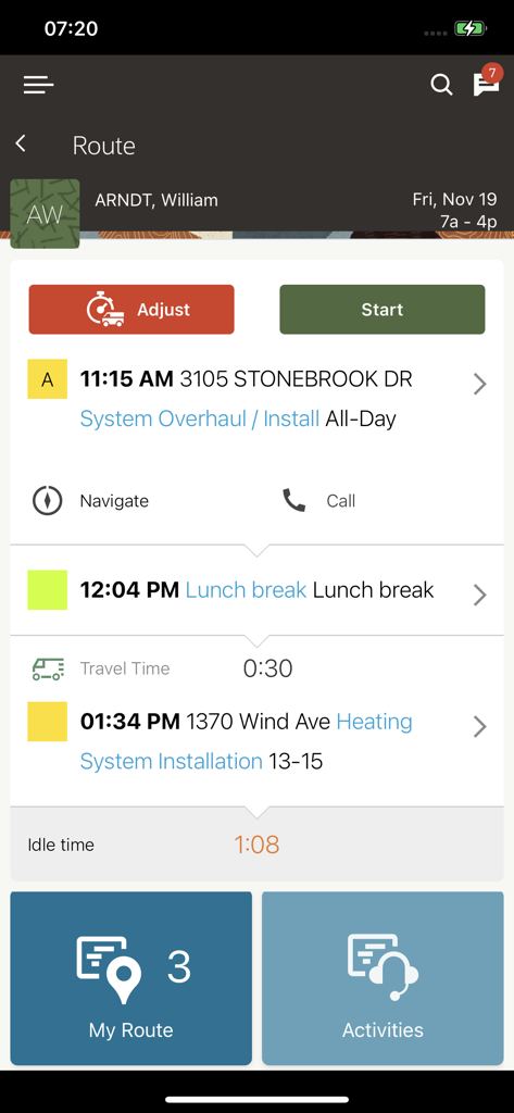 Oracle Field Service app interface showing a technician daily schedule and route management