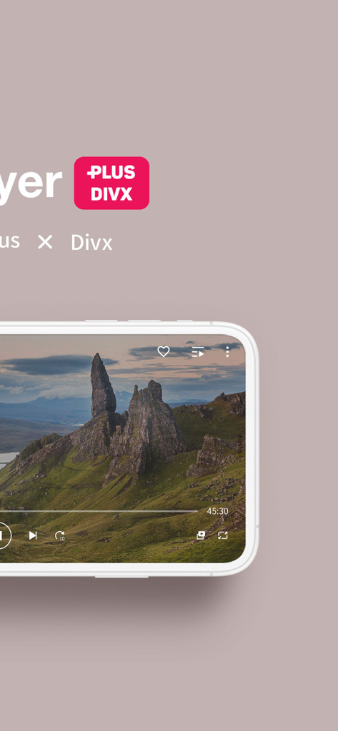 KMPlayer Plus DivX app interface showing high definition video playback of a mountain landscape on a smartphone