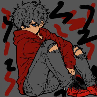 a male hoddie ripped jeans messy hair anime