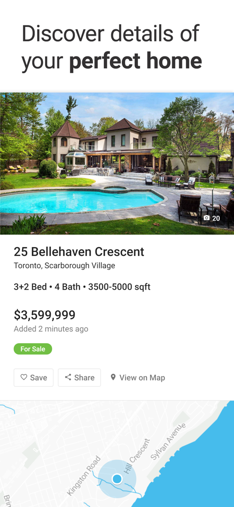 Zolo real estate app showing a house listing in Toronto with property details and a swimming pool