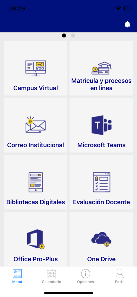 Fidélitas - Menú principal de la app universitaria Fidélitas que muestra iconos para el campus virtual, inscripción y bibliotecas digitales.