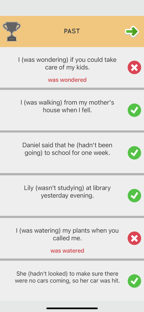 Learn English Grammar Easily - Interfaz de cuestionario de gramática inglesa para ejercicios de tiempo pasado