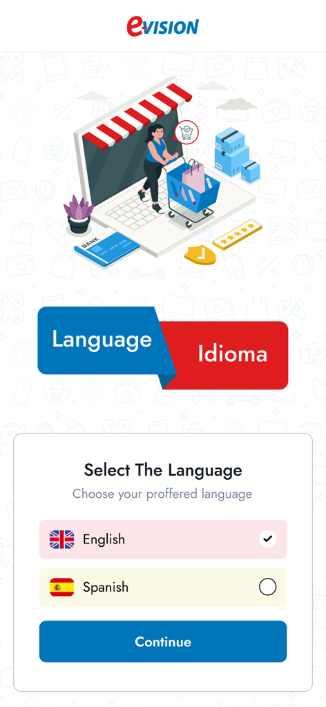 Pantalla de selección de idioma de la aplicación E Vision mostrando opciones en inglés y español.