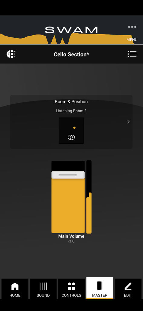 SWAM Cello Section - SWAM Cello Section app master view with main volume slider and room position simulator