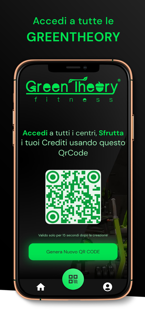 GreenTheory - GreenTheory mobile app displaying a QR code for contactless gym entry and credit usage.