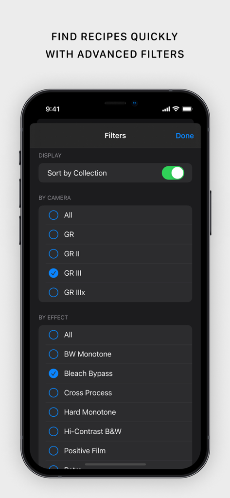 Ricoh Recipes — JPEG Settings - Tela de filtros avançados no aplicativo Ricoh Recipes para selecionar modelos de câmera e efeitos de filme