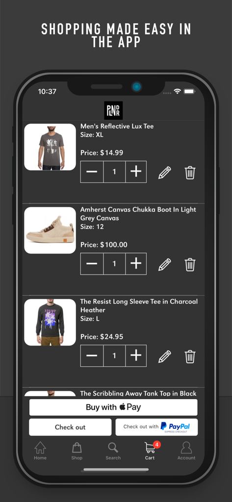 Carrito de compras de la aplicación móvil PLNDR que muestra artículos de ropa urbana y opciones de pago para Apple Pay y PayPal