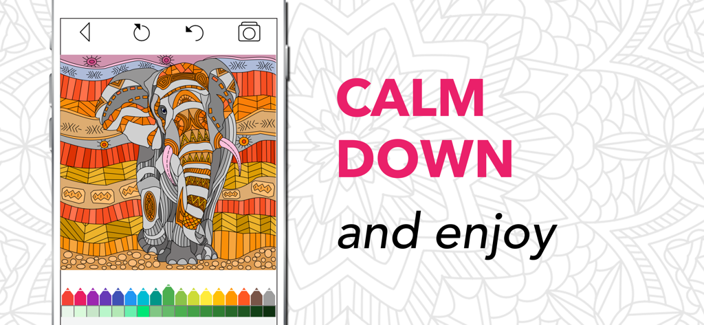Coloring Book for Adults + - Digital coloring book interface featuring an intricate elephant illustration with the text calm down and enjoy.