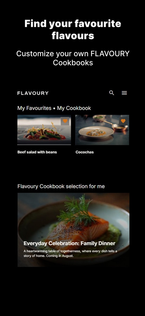 Flavoury.com - Interfaz de la aplicación Flavoury mostrando selecciones de libros de cocina personalizados y recetas gourmet favoritas.