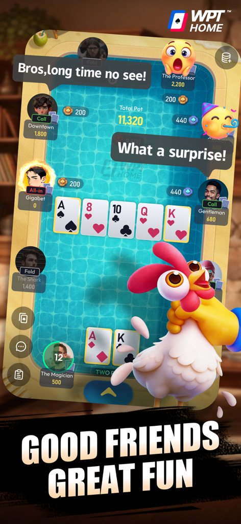 WPT HOME - Holdem game - WPT HOME mobile poker app interface showing a Texas Holdem game with friends and social features